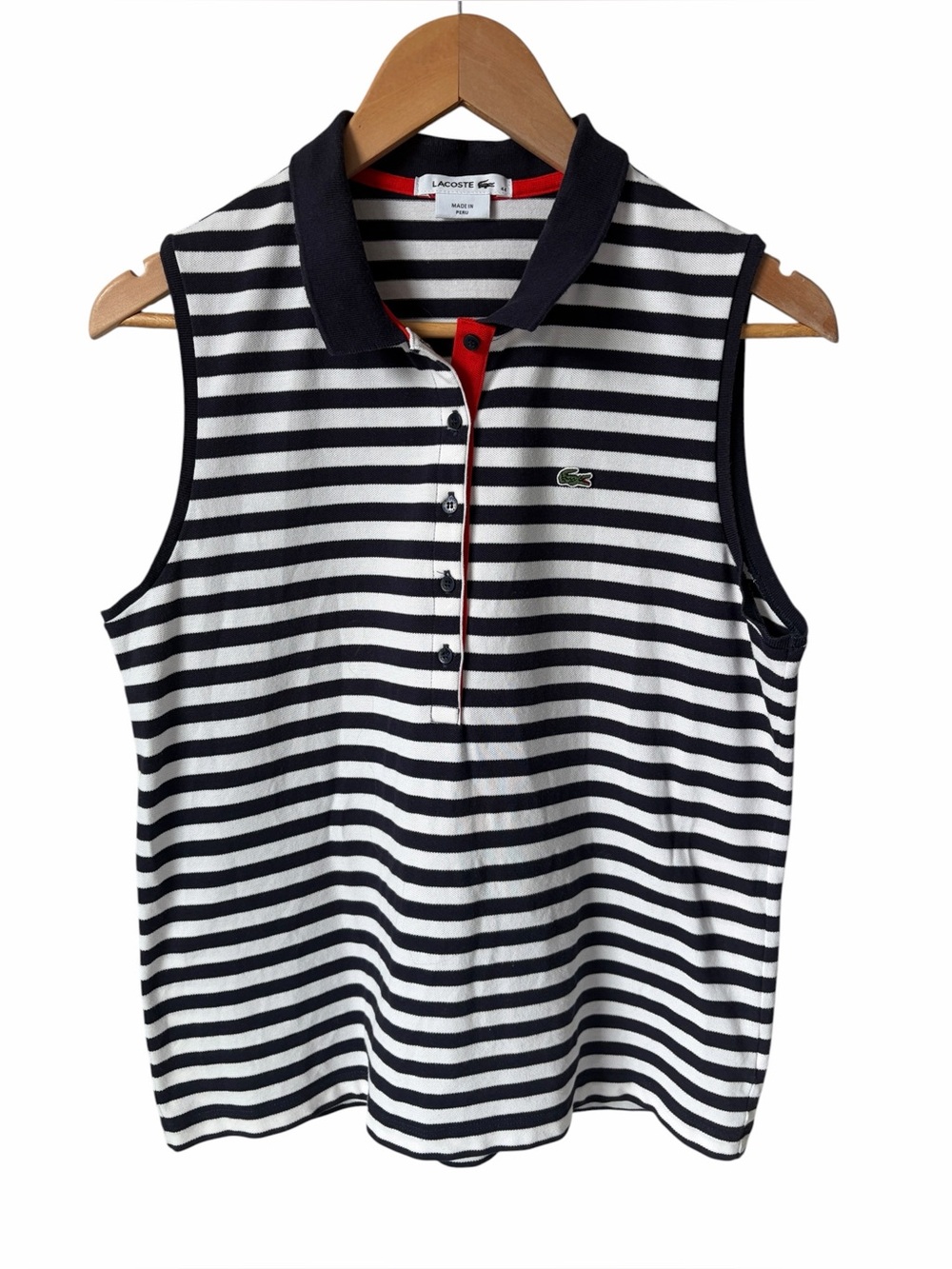 Lacoste Sleeveless Polo Navy White Stripes Women's Large